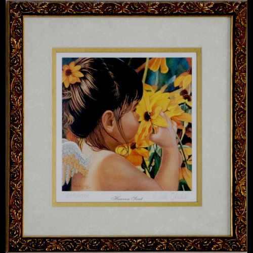 Painting of Angel child with smelling flower titled Heaven Sent