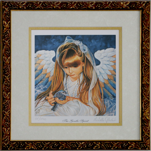 Painting of Angel child holding a bird titled The Gentle Spirit