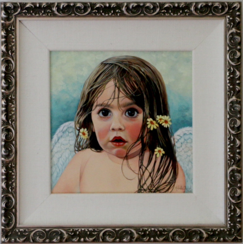 Painting of small child with large eyes titled Angel Eyes